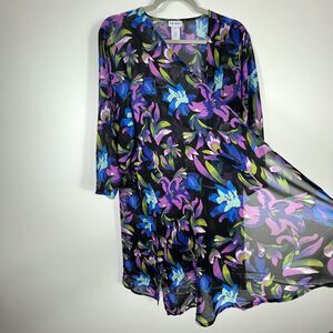 Vicki Wayne Cardigan Womens 2X Purple Sheer Flowy Floral Kimono Beach Cover Up